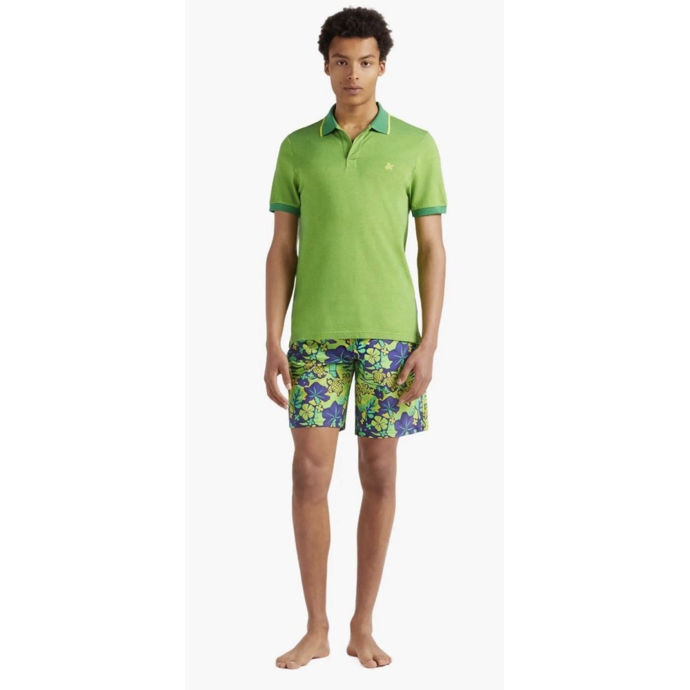 Mens Vilebrequin Cotton Pique Polo Shirt Green Teal Contrast Collar Logo Small